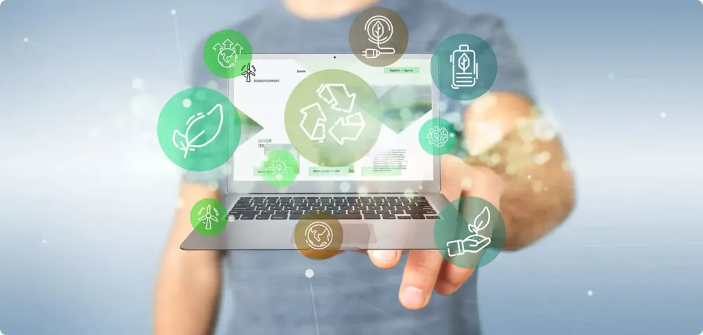 Des pictogrammes écologiques au-dessus d'un ordinateur portable
