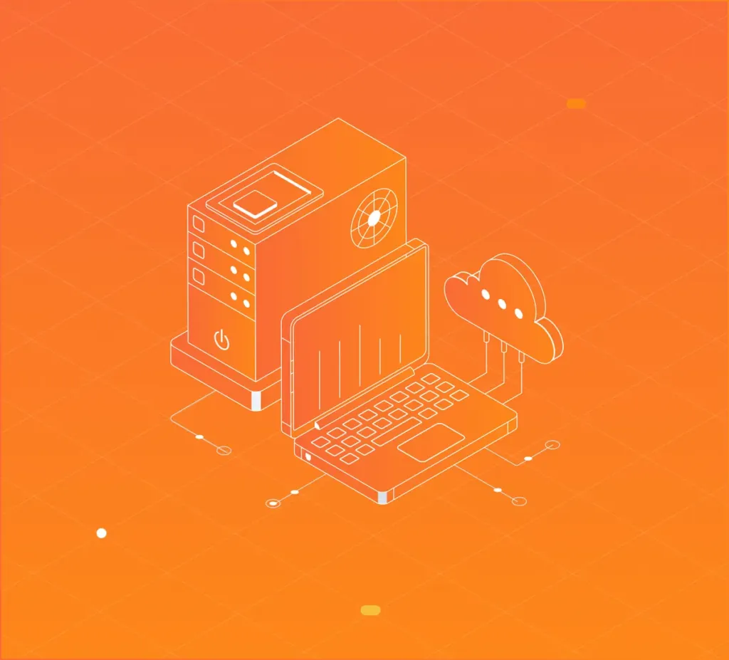Illustration d'un serveur relié à un ordinateur portable et au cloud