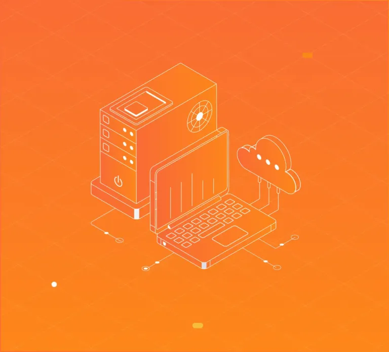 Illustration d'un serveur relié à un ordinateur portable et au cloud
