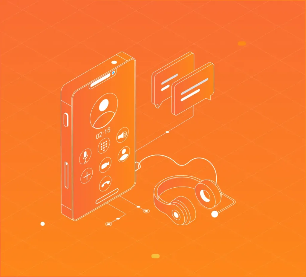 Illustration d'un smartphone, d'un casque et de bulles de conversation