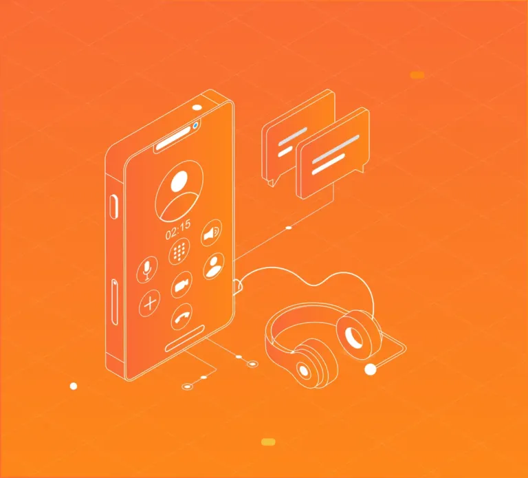 Illustration d'un smartphone, d'un casque et de bulles de conversation