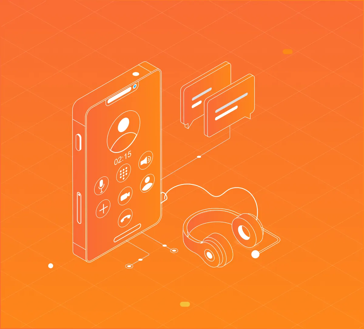 Illustration d'un smartphone, d'un casque et de bulles de conversation